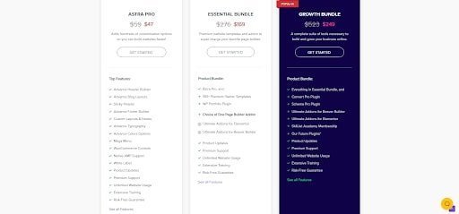 Astra pro theme pricing pricing table