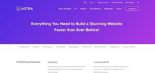 Astra wordpress theme features landing page