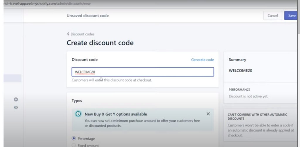 how to make a shopify store welcome20 discount code