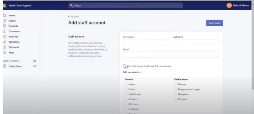 how to set up a shopify store staff account permissions