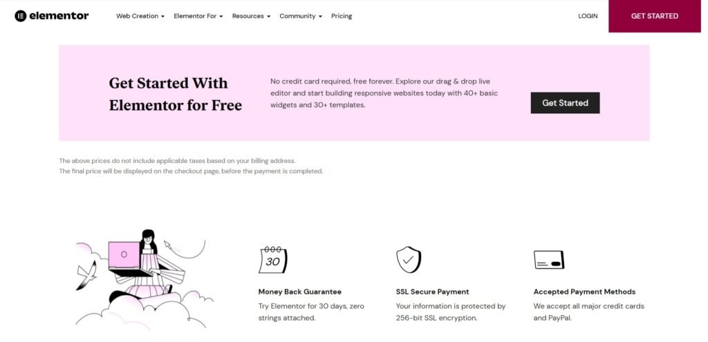 Elementor free pricing page