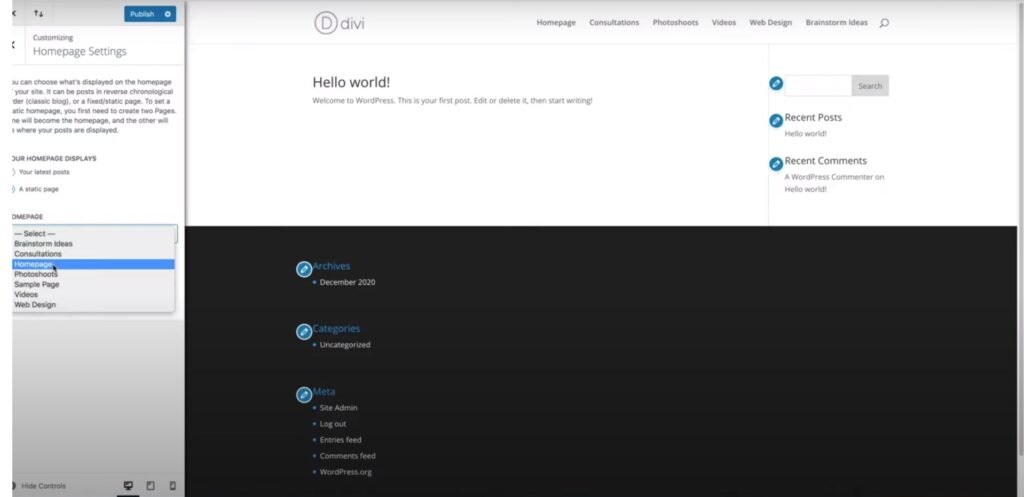 divi website builder homepage settings