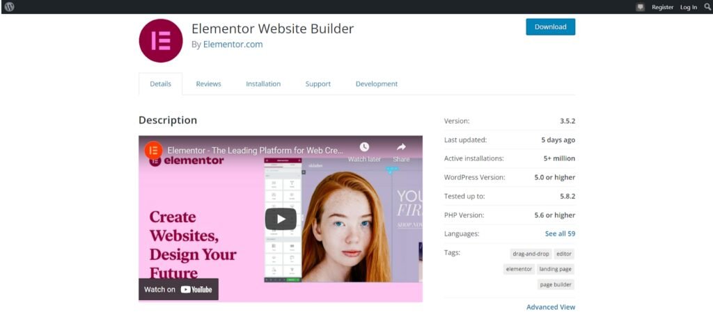 using elementor with wordpress website builder description