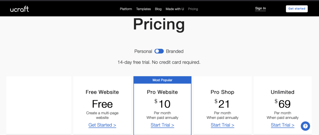 Free web building sites: ucraft pricing page